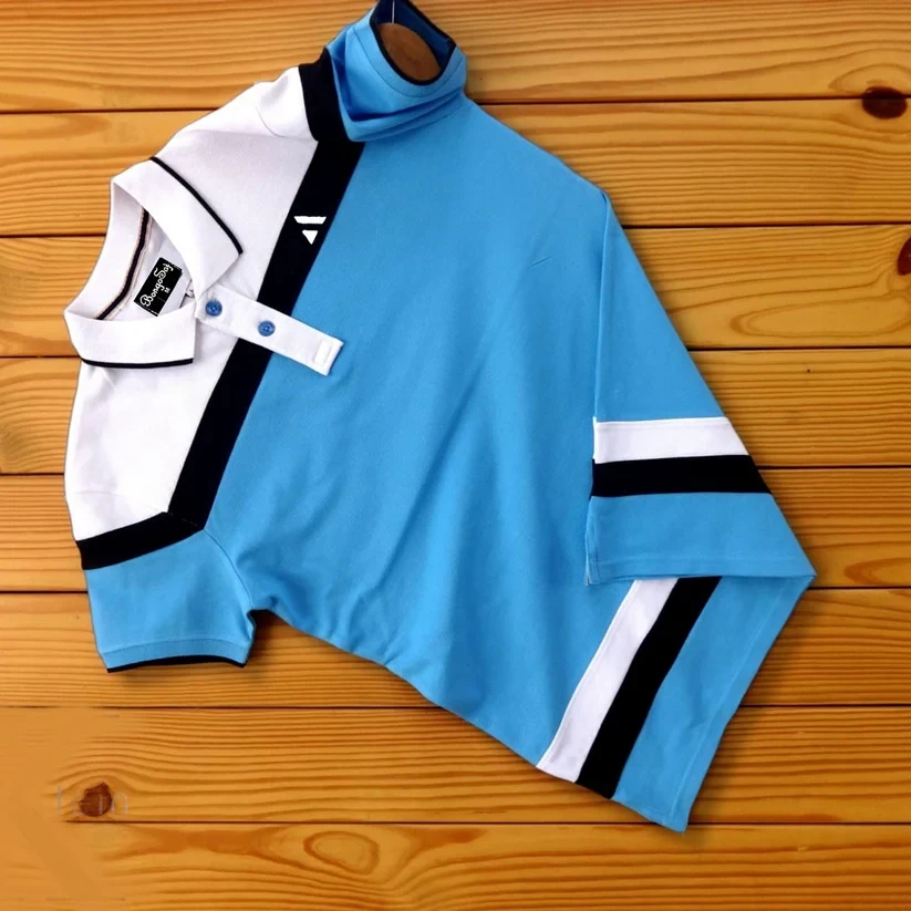  Exclusive Summer Half Sleeve Polo Shirt Cyan blue white with black stripe 