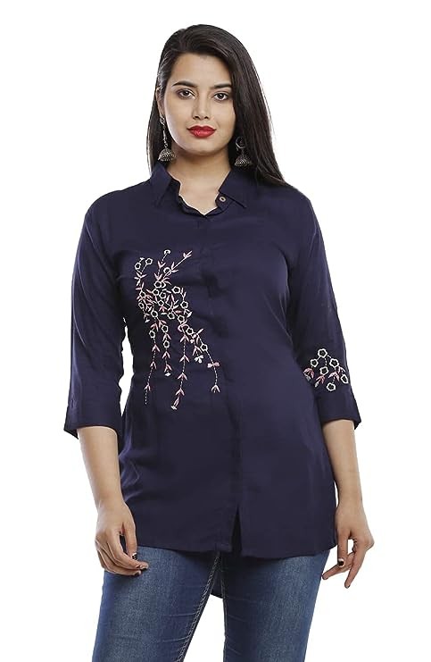  Women Regular Fit Embroidered Spread Collar Casual Shirt 