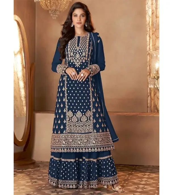  Blue Georgette Embroidery Semi Stitched Party Dress for Women 