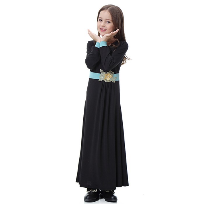Muslim Girls' Suit Robe Long Dress - Black