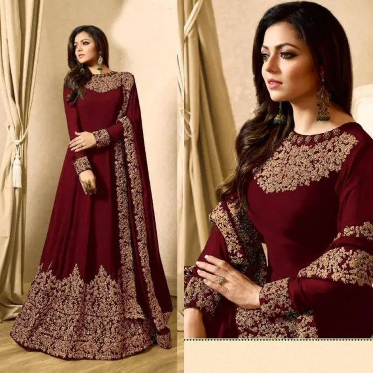  Maroon Georgette Embroidery Semi Stitched Party Dress for Women 