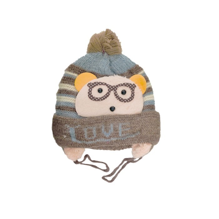  Glittery Acrylic Woollen Double Layer Tie Knot Cap Bear Design Love - Brown 
