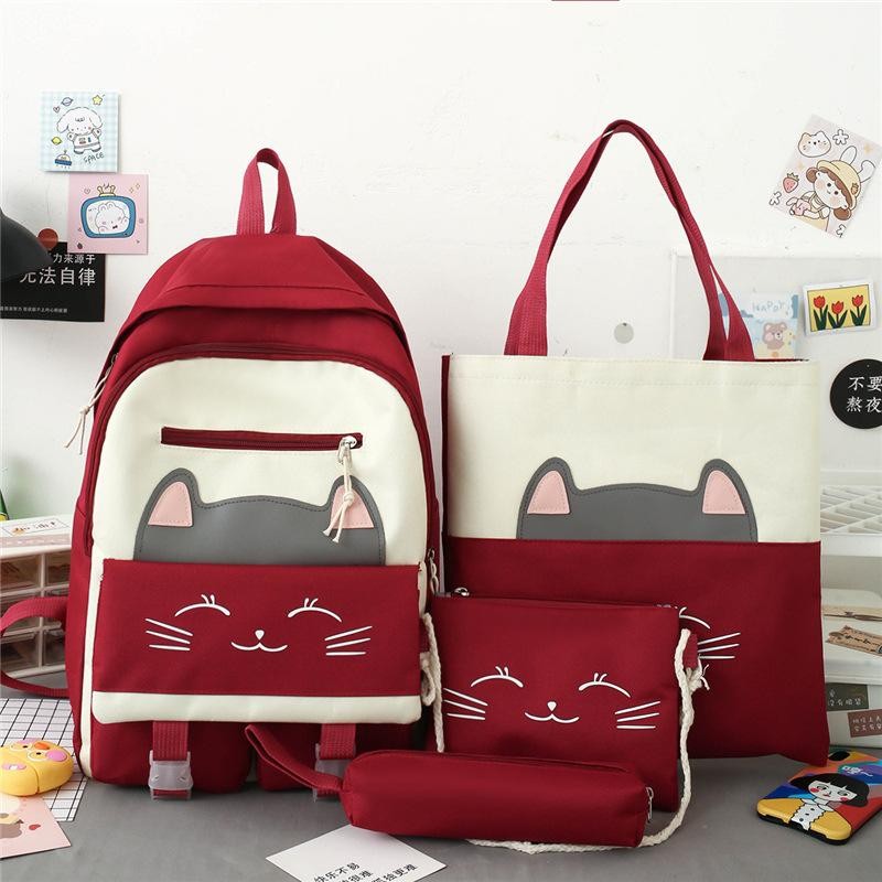  Zip It Good Junior High School Students Canvas School Bag 1-6 Grade Boys and Girls Backpack Four-piece Combo Shoulder Bag - Red 