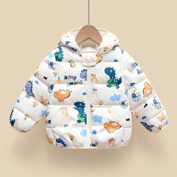  Kids Full Sleeves Padded Winter Hoodie Jacket Dinosaur Print - White 