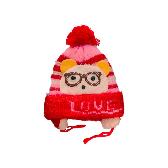  Glittery Acrylic Woollen Double Layer Tie Knot Cap Bear Design Love - Red 