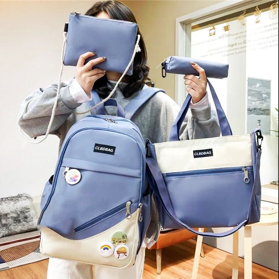  Zip It Good 4pc Set: Two-Tone Backpack + Tote Bag + Crossbody Bag + Pencil Cas - Blue 