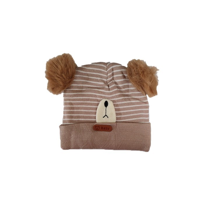  Pom Pom Acrylic Woollen Double Layer Cap Bear Design - Brown 