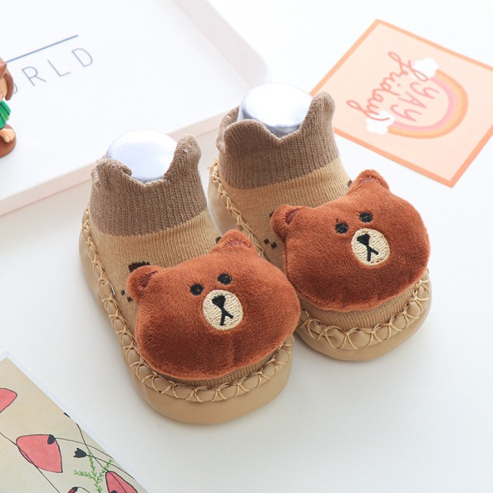  Baby Anti Skid Leather Sock Shoes Bear Applique - Khaki 
