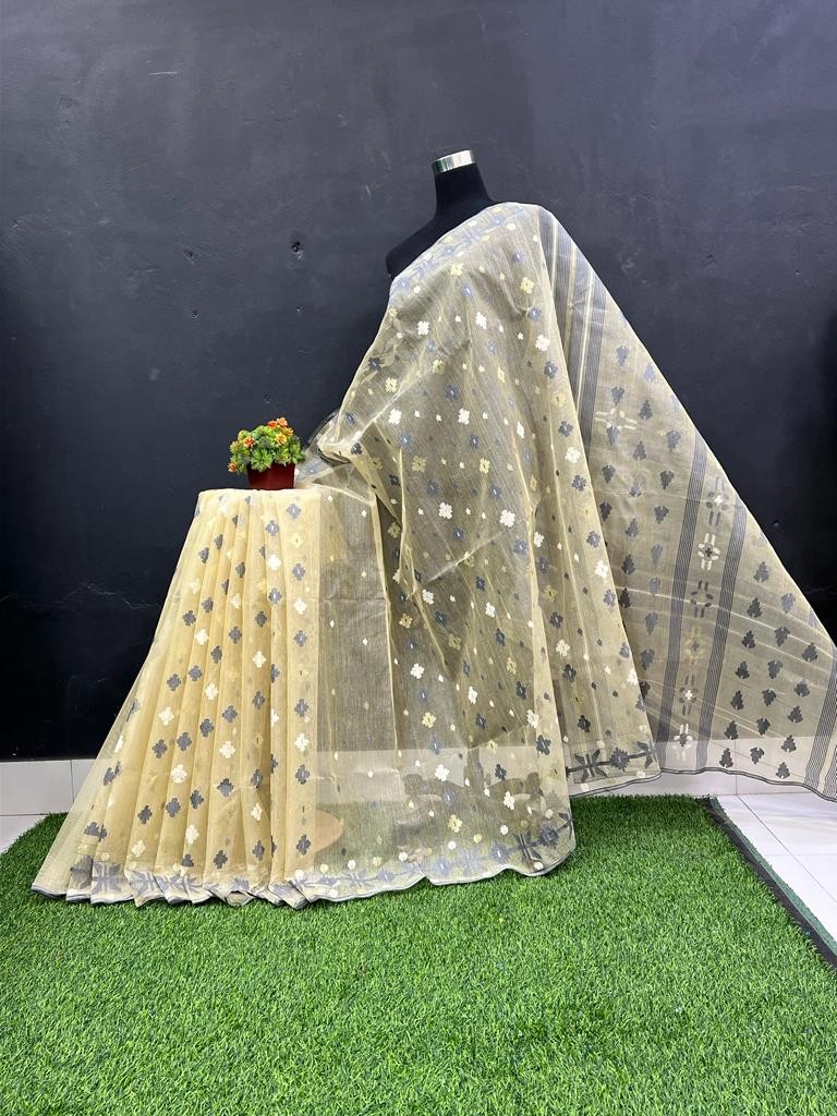 Exclusive Design Half Silk Jamdani Saree (Cream Color) - 80 Counts Suta