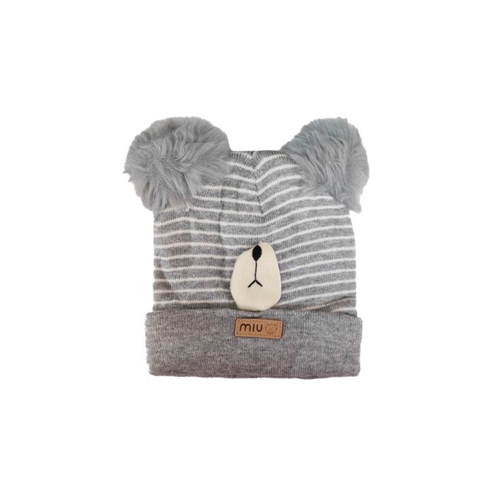  Pom Pom Acrylic Woollen Double Layer Cap Bear Design - Gray 