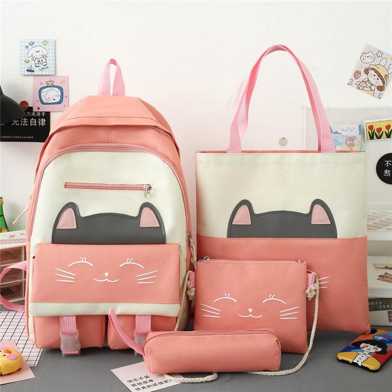  Zip It Good Junior High School Students Canvas School Bag 1-6 Grade Boys and Girls Backpack Four-piece Combo Shoulder Bag - Pink 
