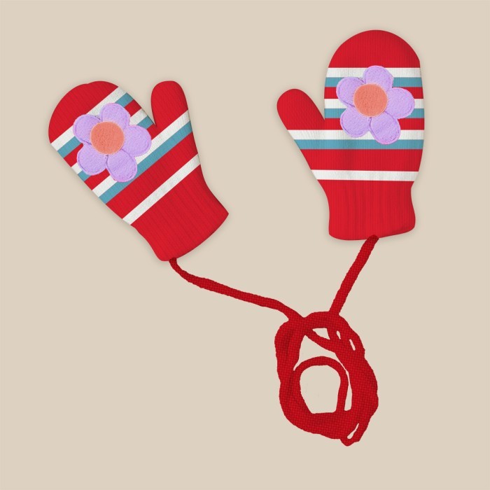  Baby Acrylic Woollen Mittens Set Stripes Design - Red 