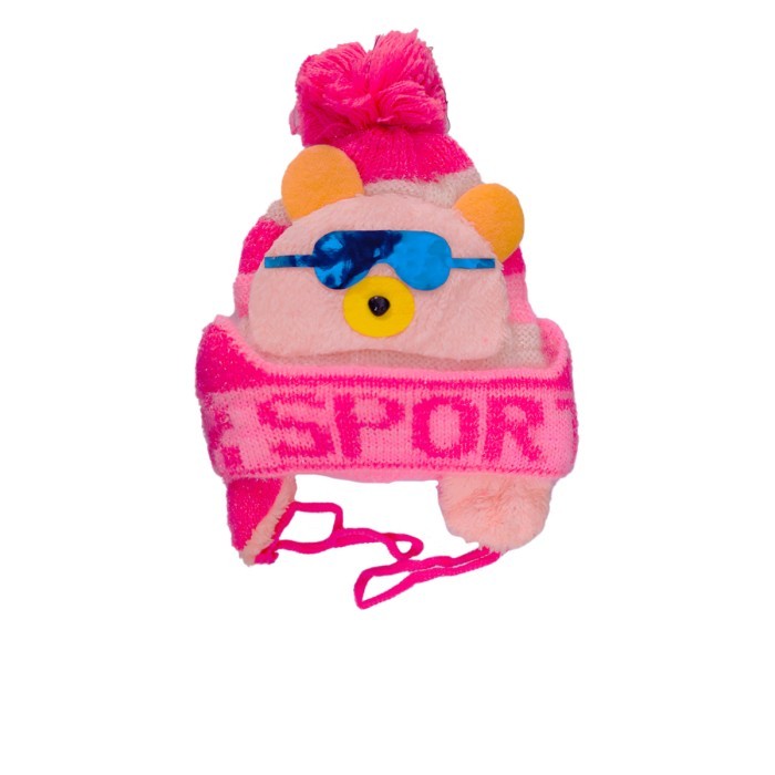  Glittery Acrylic Woollen Double Layer Tie Knot Cap Bear Design Sports - Pink 