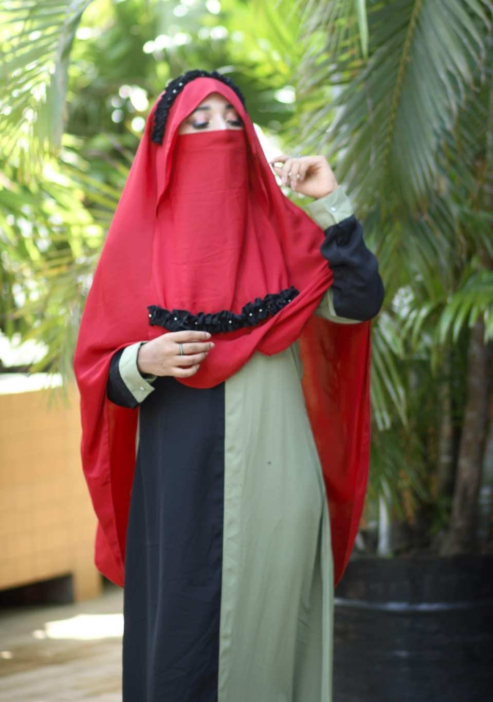  Hoodie Instant Ready Hijab With Niqab For Muslim Woman (Red&Black) 