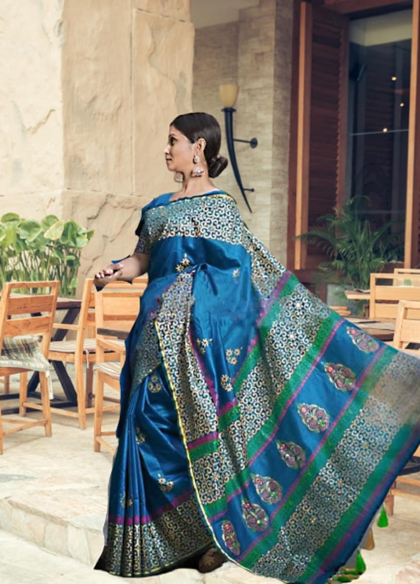 Patriot-Blue Pure Silk Brocaded Jamdani Saree from Bangladesh with Stone  Work and Tassels | Exotic India Art