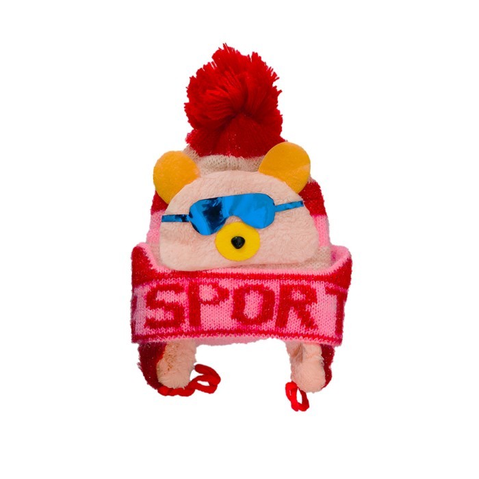  Glittery Acrylic Woollen Double Layer Tie Knot Cap Bear Design Sports - Red 