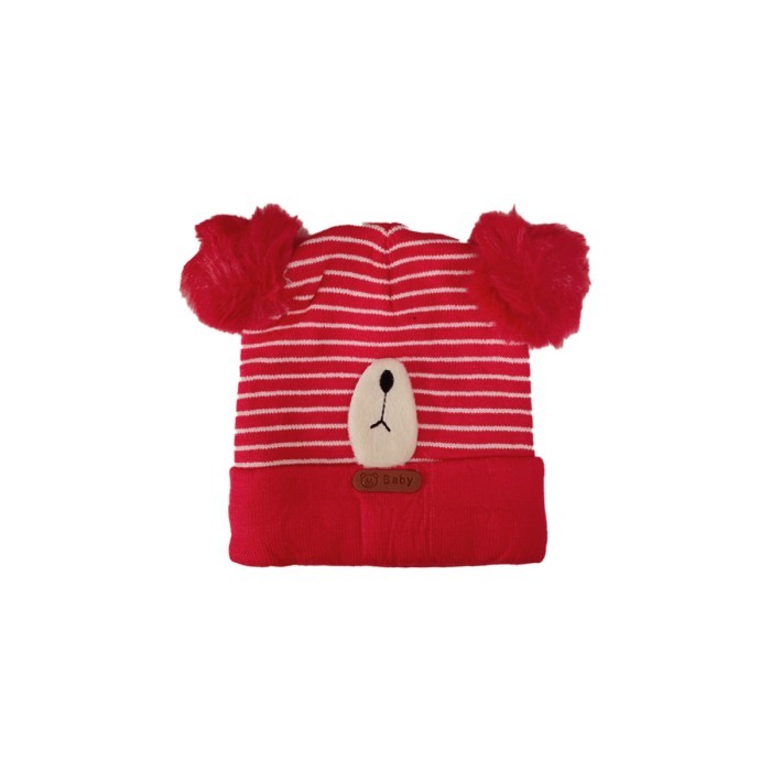  Pom Pom Acrylic Woollen Double Layer Cap Bear Design - Red 