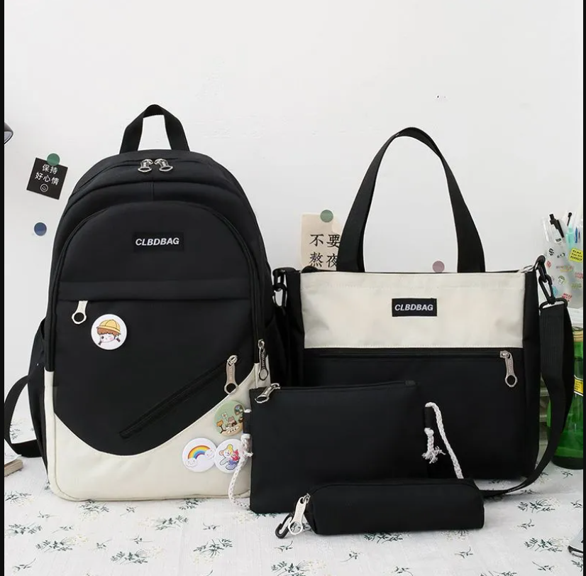  Zip It Good 4pc Set: Two-Tone Backpack + Tote Bag + Crossbody Bag + Pencil Cas - Black 