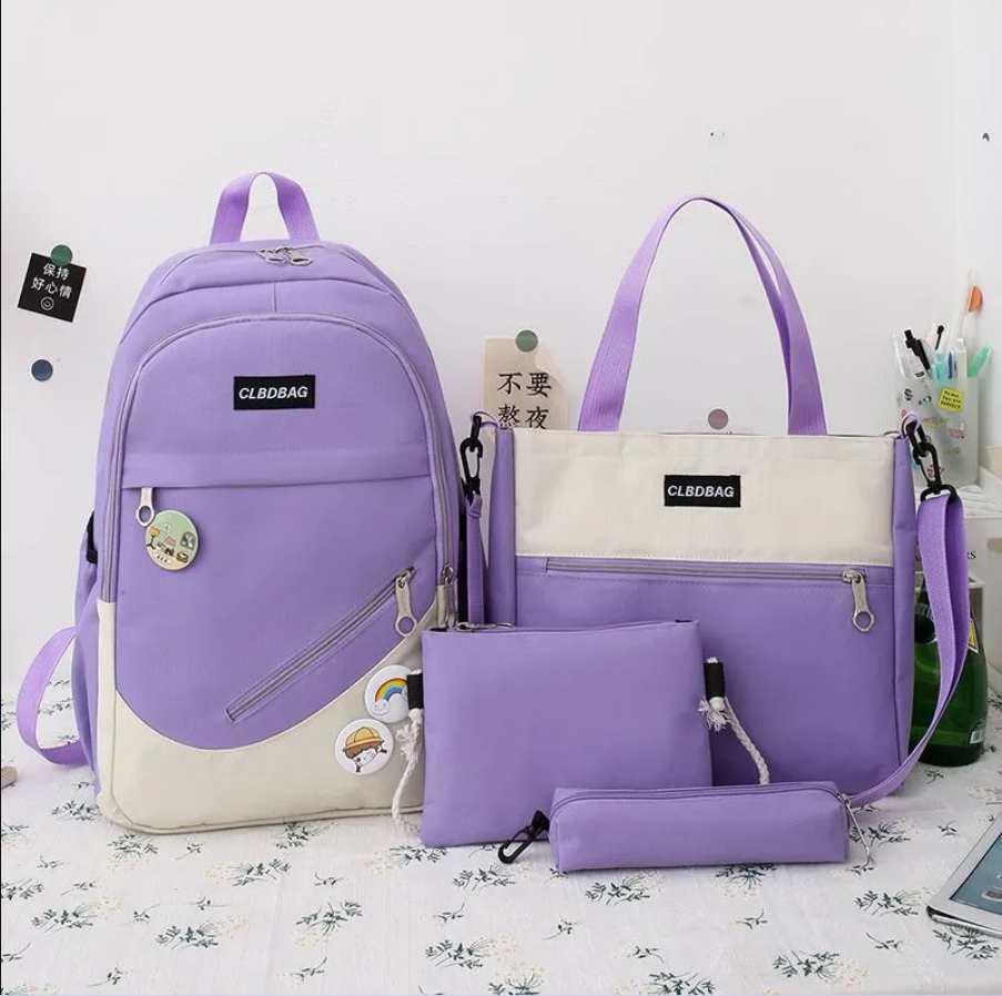  Zip It Good 4pc Set: Two-Tone Backpack + Tote Bag + Crossbody Bag + Pencil Cas - Purple 