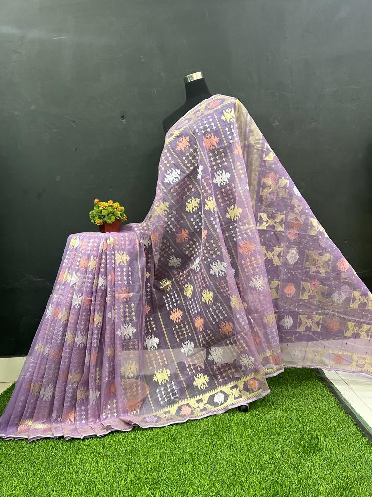 High Quality Exclusive Design Half Silk Jamdani Saree (Violet) - 80 Counts Suta