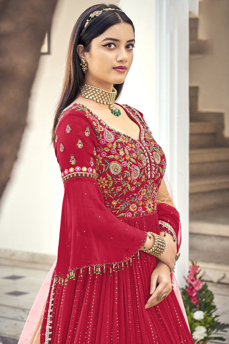 Red EMBROIDERED MEHNDI TRENDY Gown SALWAR KAMEEZ