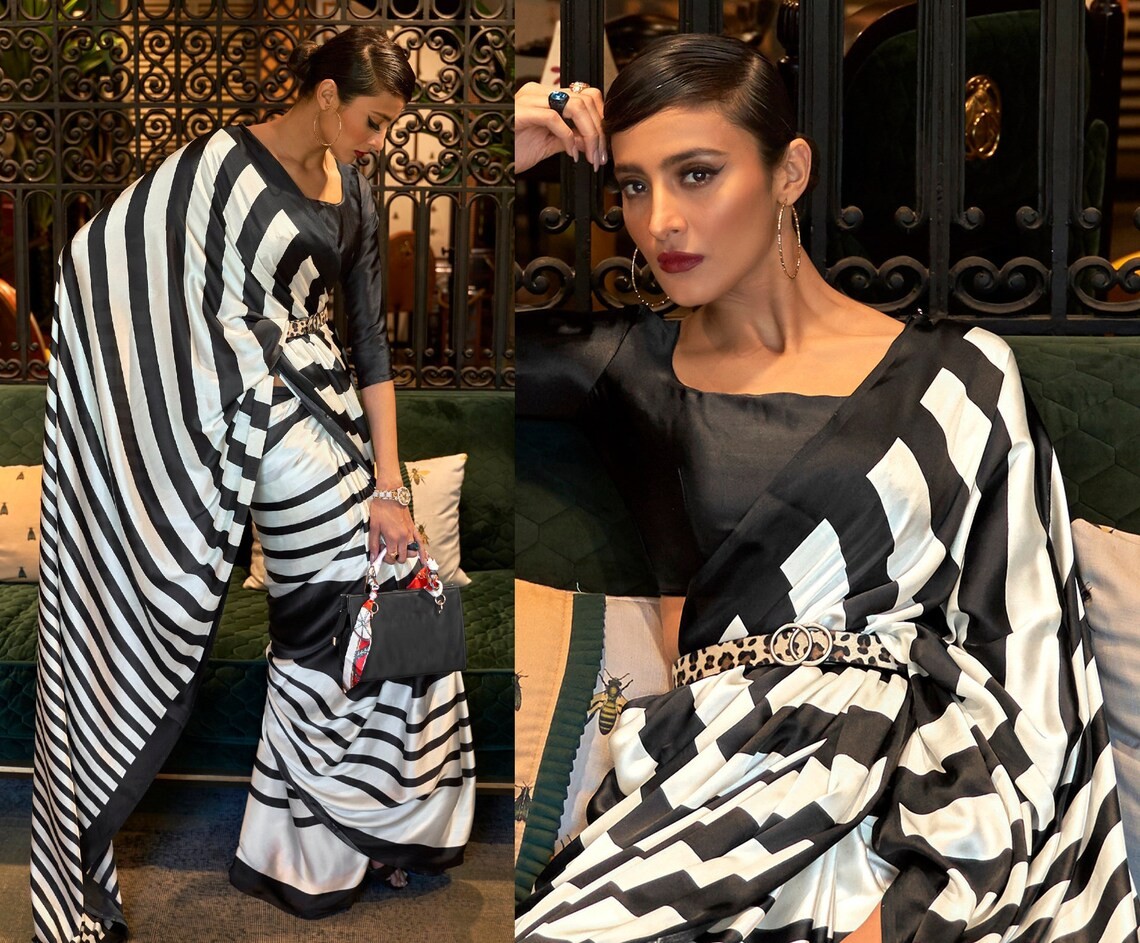 Buy Black & White Saree & Blouse Set by Designer VEDIKA M Online at  Ogaan.com