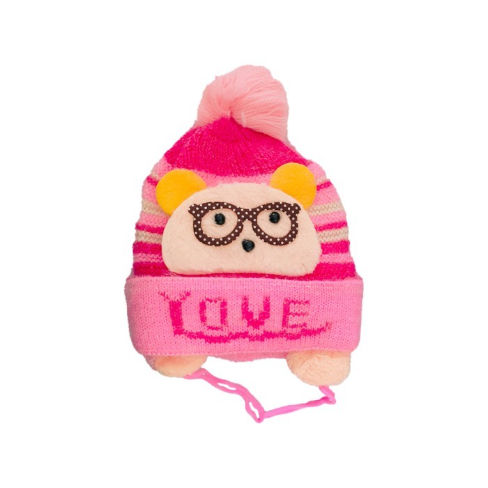  Glittery Acrylic Woollen Double Layer Tie Knot Cap Bear Design Love - Light Pink 