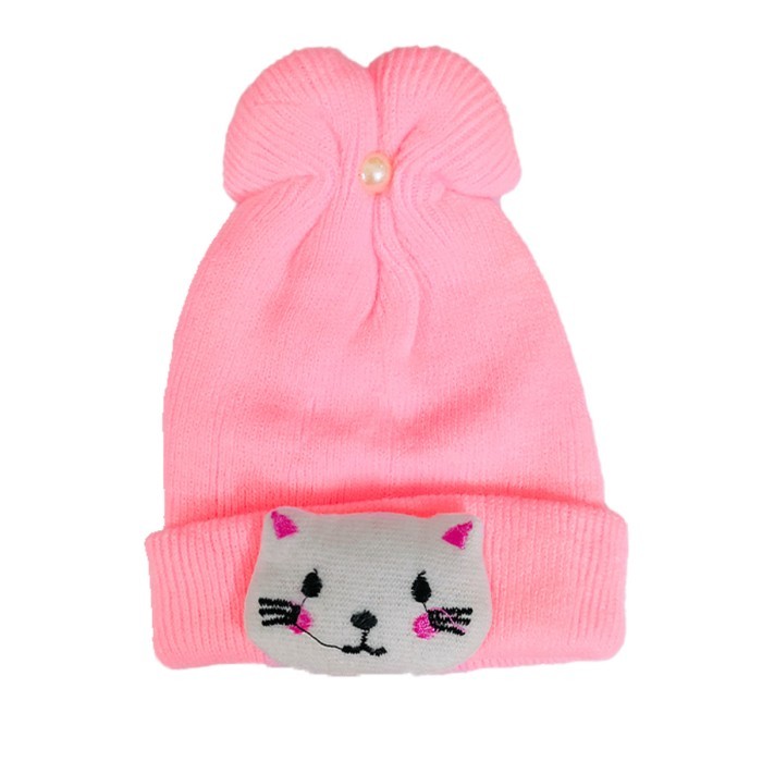  Baby Acrylic Woollen Cap Cartoon Applique (Applique design may vary) - Light Pink 