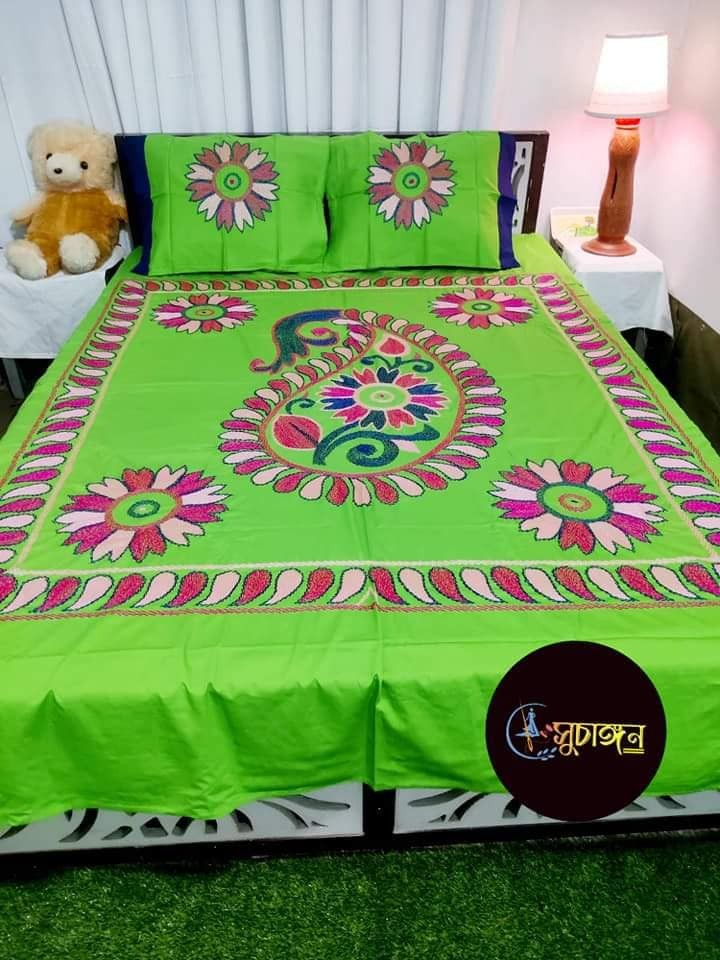  Traditional Hand Made Design Green Color Nakshi Bed Sheet 7/8 with Pillow Cover 