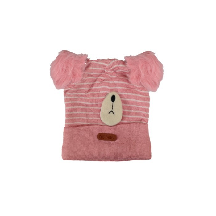  Pom Pom Acrylic Woollen Double Layer Cap Bear Design - Pink 