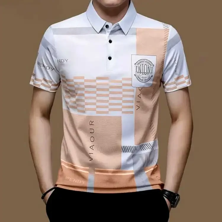  Premium Chinese Variant White & Golden Texure Mixed Half Sleeve Summer China Chinigura Polo T-Shirt For Men 
