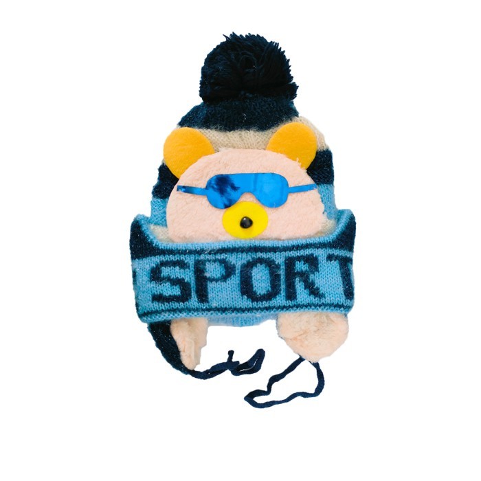  Glittery Acrylic Woollen Double Layer Tie Knot Cap Bear Design Sports - Navy Blue 