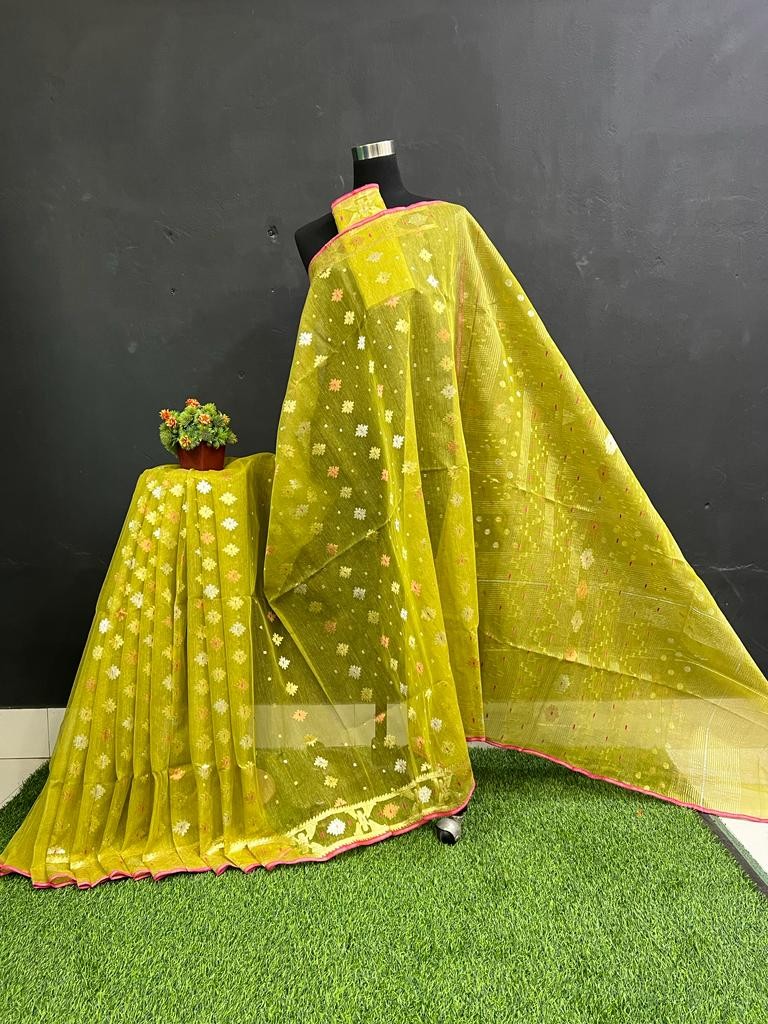 Exclusive Design High Quality Half Silk Jamdani Saree (Jolpai Colour) - 80 Counts Suta