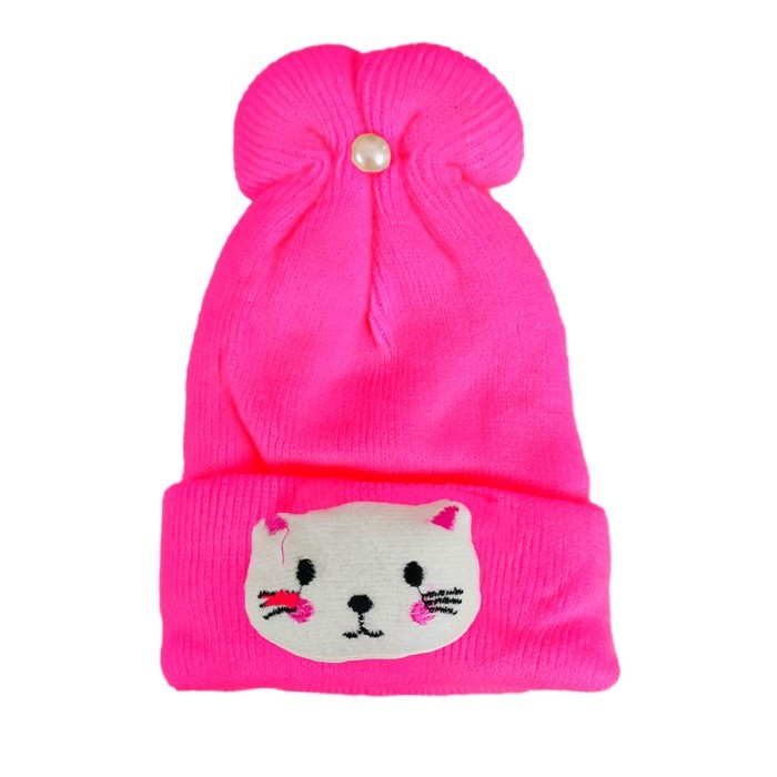 Baby Acrylic Woollen Cap Cartoon Applique (Applique design may vary) - Magenta 