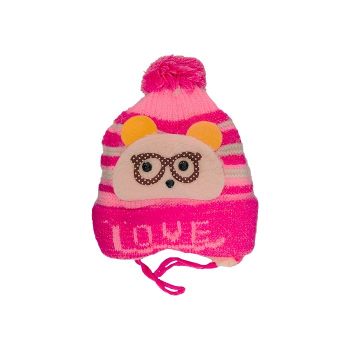  Glittery Acrylic Woollen Double Layer Tie Knot Cap Bear Design Love - Pink 