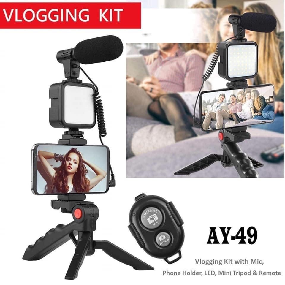  AY-49 Remote Control Vlogging Video Making Kit: Microphone, LED Fill Light, Mini Tripod,  for Content Creators and Vloggers 